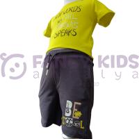 Kız Çocuğu Music Speak Baskılı T-Shirt Lacivert Baskılı Bağcıklı Cepli Şort İkili Takım 