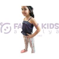 Kız Çocuk  Askılı Crop Siyah T-Shirt Çizgili Pantolon İkili Takım