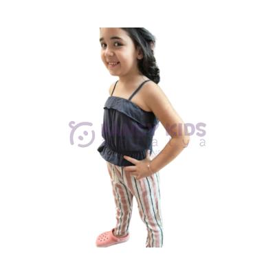 Kız Çocuk  Askılı Crop Siyah T-Shirt Çizgili Pantolon İkili Takım