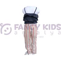 Kız Çocuk  Askılı Crop Siyah T-Shirt Çizgili Pantolon İkili Takım
