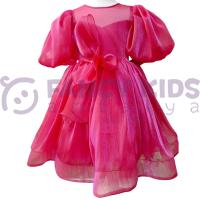 Kız Çocuk Abiye Balon Kol Pembe Organze Kumaş Elbise