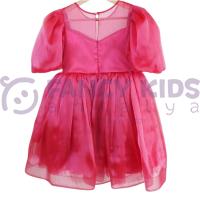Kız Çocuk Abiye Balon Kol Pembe Organze Kumaş Elbise