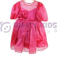 Kız Çocuk Abiye Balon Kol Pembe Organze Kumaş Elbise