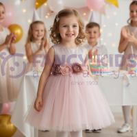 Kız Çocuk Abiye Simli Çiçekli Kemerli Pudra Renk