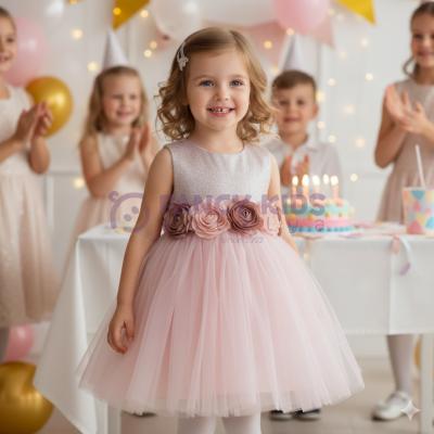 Kız Çocuk Abiye Simli Çiçekli Kemerli Pudra Renk