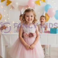 Kız Çocuk Abiye Simli Çiçekli Kemerli Pudra Renk