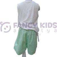 Kız Çocuk Askılı Bluz Şort İkili Takım – Yeşil Yazı Baskılı, Pullu Detaylı, %100 Pamuk Şortlu Kombin