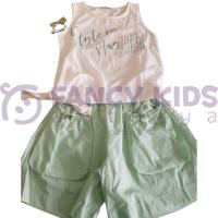 Kız Çocuk Askılı Bluz Şort İkili Takım – Yeşil Yazı Baskılı, Pullu Detaylı, %100 Pamuk Şortlu Kombin