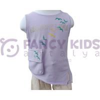 Kız Çocuk Atlet T-Shirt Enjoy Baskılı Torba Cepli Kolsuz Lila Renkli