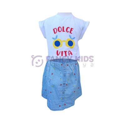 Kız Çocuk Baskılı Beyaz T-Shirt Nakış Baskılı Mavi Etek İkili Takım