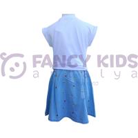 Kız Çocuk Baskılı Beyaz T-Shirt Nakış Baskılı Mavi Etek İkili Takım