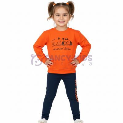 Kız Çocuk Baskılı Sweatshirt Tayt İkili Takım – Siyah Turuncu | Mevsimlik ve Kışlık Rahat Takım