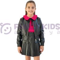 Kız Çocuk Bayramlık Deri Görünümlü Ceket Etek Takım – Fiyonklu Bebe Yaka Bluzlu 3 Parça Şık Kombin