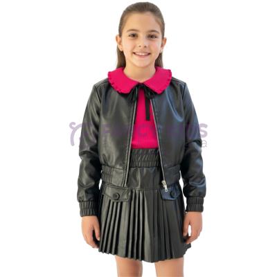 Kız Çocuk Bayramlık Deri Görünümlü Ceket Etek Takım – Fiyonklu Bebe Yaka Bluzlu 3 Parça Şık Kombin