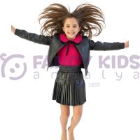 Kız Çocuk Bayramlık Deri Görünümlü Ceket Etek Takım – Fiyonklu Bebe Yaka Bluzlu 3 Parça Şık Kombin