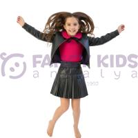 Kız Çocuk Bayramlık Deri Görünümlü Ceket Etek Takım – Fiyonklu Bebe Yaka Bluzlu 3 Parça Şık Kombin