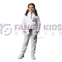 Kız Çocuk Beyaz Baskılı Crop Eşofman Takımı – Pamuklu, Lastikli, Cepli