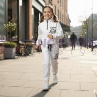 Kız Çocuk Beyaz Baskılı Crop Eşofman Takımı – Pamuklu, Lastikli, Cepli