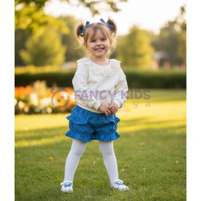 Kız Çocuk Dantelli Yaka Ekru Sweat & Kareli Şort Etek İkili Takım