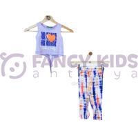 Kız Çocuk Desenli Kolsuz Lila T-Shirt Ebru Desenli Tayt İkili Takım
