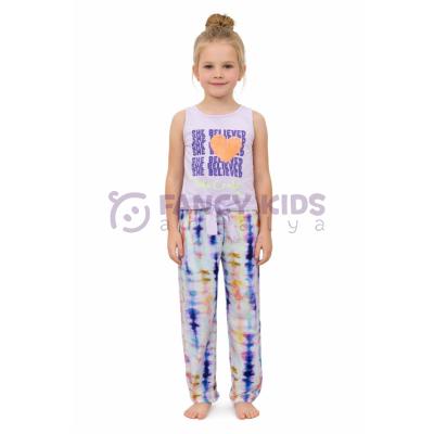 Kız Çocuk Desenli Kolsuz Lila T-Shirt Ebru Desenli Tayt İkili Takım