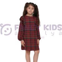 Kız Çocuk Ekoseli Bordo Uzun Kollu Elbise Fırfır Omuzlu Rahat Kalıp