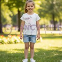 Kız Çocuk Ekru T-Shirt Bien Dijital Baskılı %100 Pamuk Kısa Kollu Günlük Tişört