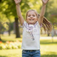 Kız Çocuk Ekru T-Shirt Bien Dijital Baskılı %100 Pamuk Kısa Kollu Günlük Tişört