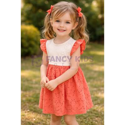 Kız Çocuk Gipürlü Kurdeleli Pamuklu Elbise – Astarlı Nakışlı Elbise