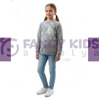 Kız Çocuk Gri Unicorn Baskılı Pullu Nakış İşlemeli Sweatshirt