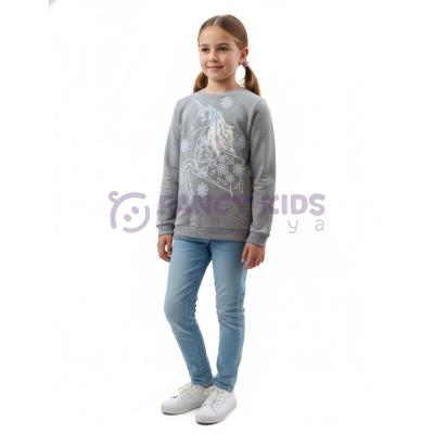 Kız Çocuk Gri Unicorn Baskılı Pullu Nakış İşlemeli Sweatshirt