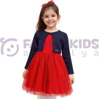 Kız Çocuk Hırkalı Tüllü Elbise Takımı – Lacivert, Astarlı ve Lastik Bel Detaylı