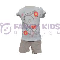 Kız Çocuk İkili Takım – Baskılı Beyaz T-Shirt & Gri Kırmızı Çizgili Şort (%100 Pamuk)
