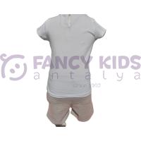 Kız Çocuk İkili Takım – Baskılı Beyaz T-Shirt & Gri Kırmızı Çizgili Şort (%100 Pamuk)