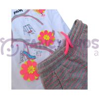 Kız Çocuk İkili Takım – Baskılı Beyaz T-Shirt & Gri Kırmızı Çizgili Şort (%100 Pamuk)