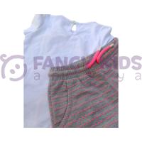 Kız Çocuk İkili Takım – Baskılı Beyaz T-Shirt & Gri Kırmızı Çizgili Şort (%100 Pamuk)