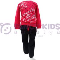 Kız Çocuk İkili Takım – Baskılı Kırmızı Siyah Sweatshirt ve Esnek Tayt | %100 Pamuk Şardonlu Kumaş