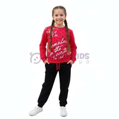 Kız Çocuk İkili Takım – Baskılı Kırmızı Siyah Sweatshirt ve Esnek Tayt | %100 Pamuk Şardonlu Kumaş