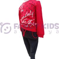 Kız Çocuk İkili Takım – Baskılı Kırmızı Siyah Sweatshirt ve Esnek Tayt | %100 Pamuk Şardonlu Kumaş