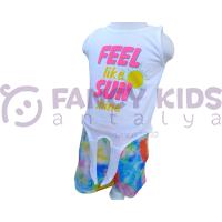 Kız Çocuk İkili Takım Baskılı Beyaz Atlet T-Shirt  Desenli Şortlu Bağcıklı Kapama