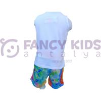 Kız Çocuk İkili Takım Baskılı Beyaz Atlet T-Shirt  Desenli Şortlu Bağcıklı Kapama