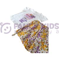 Kız Çocuk İkili Takım Baskılı Ekru T-Shirt  Çiçekli Desenli Şort
