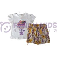 Kız Çocuk İkili Takım Baskılı Ekru T-Shirt  Çiçekli Desenli Şort