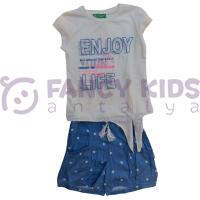 Kız Çocuk İkili Takım Baskılı Ekru T-Shirt ve Puanlı Mavi Şort