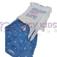 Kız Çocuk İkili Takım Baskılı Ekru T-Shirt ve Puanlı Mavi Şort