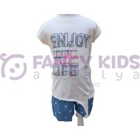Kız Çocuk İkili Takım Baskılı Ekru T-Shirt ve Puanlı Mavi Şort