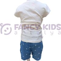 Kız Çocuk İkili Takım Baskılı Ekru T-Shirt ve Puanlı Mavi Şort