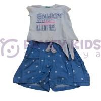 Kız Çocuk İkili Takım Baskılı Ekru T-Shirt ve Puanlı Mavi Şort