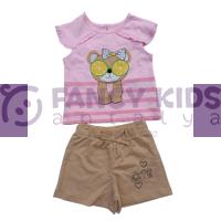Kız Çocuk İkili Takım Baskılı Pembe T-Shirt Bej Şortlu