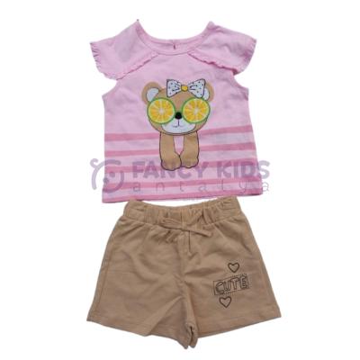 Kız Çocuk İkili Takım Baskılı Pembe T-Shirt Bej Şortlu